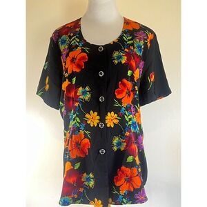 Kithie Lee Floral Button Front Top Blouse Size 14 Short Sleeve